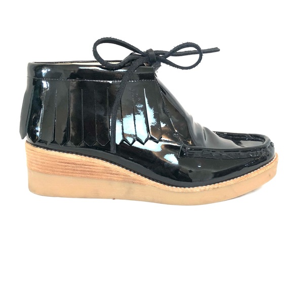 DEREK LAM 10 Crosby Black Patent Leather Fringed Wedge Chukka Boots - Picture 1 of 14